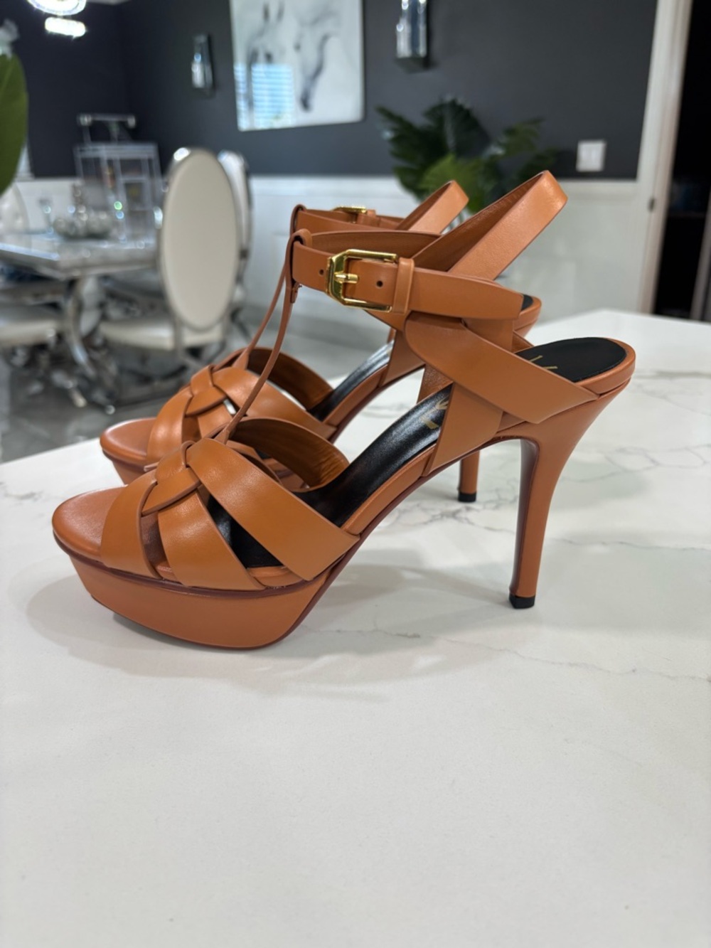 YSL Yves Saint Laurent Brown Leather Tribute Platform Sandals Stiletto Heel - Picture 5 of 10